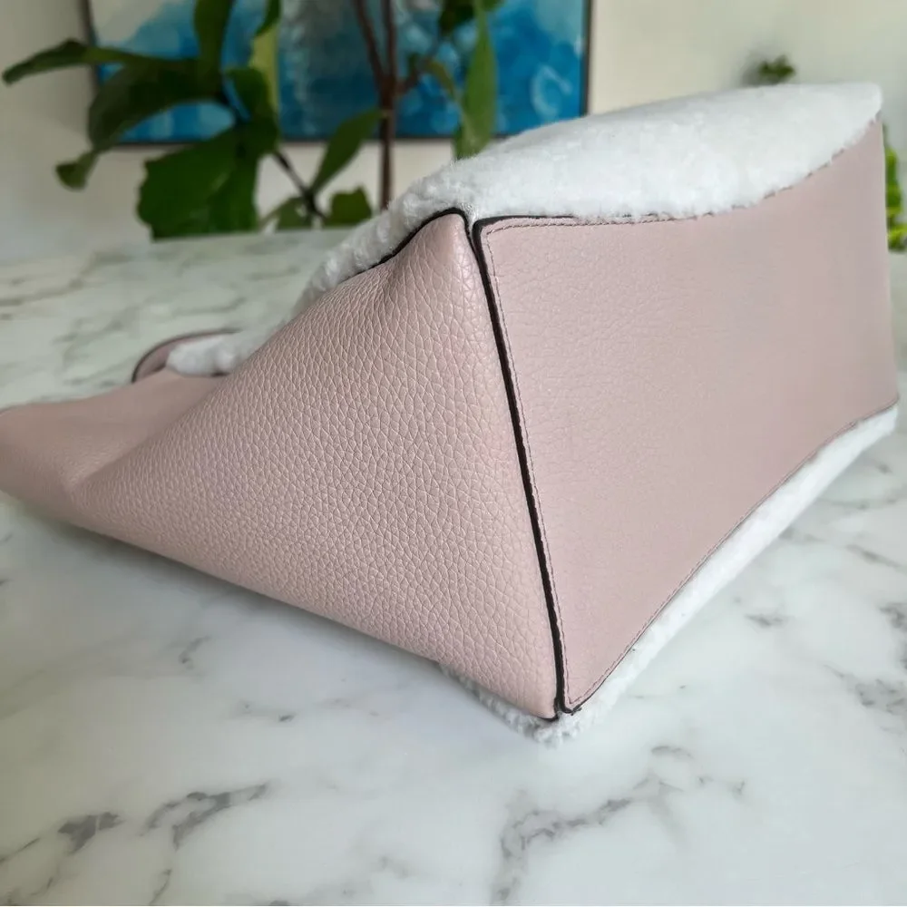 Tory Burch McGraw Shearling Fleece Fur & Leather Tote Bag Sand Beige Pink Ivory